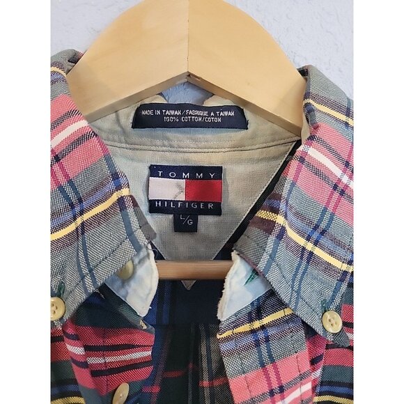VTG Tommy Hilfiger Button Up Shirt L Crest Logo 90s Green Blue Plaid Long Sleeve - Picture 3 of 7